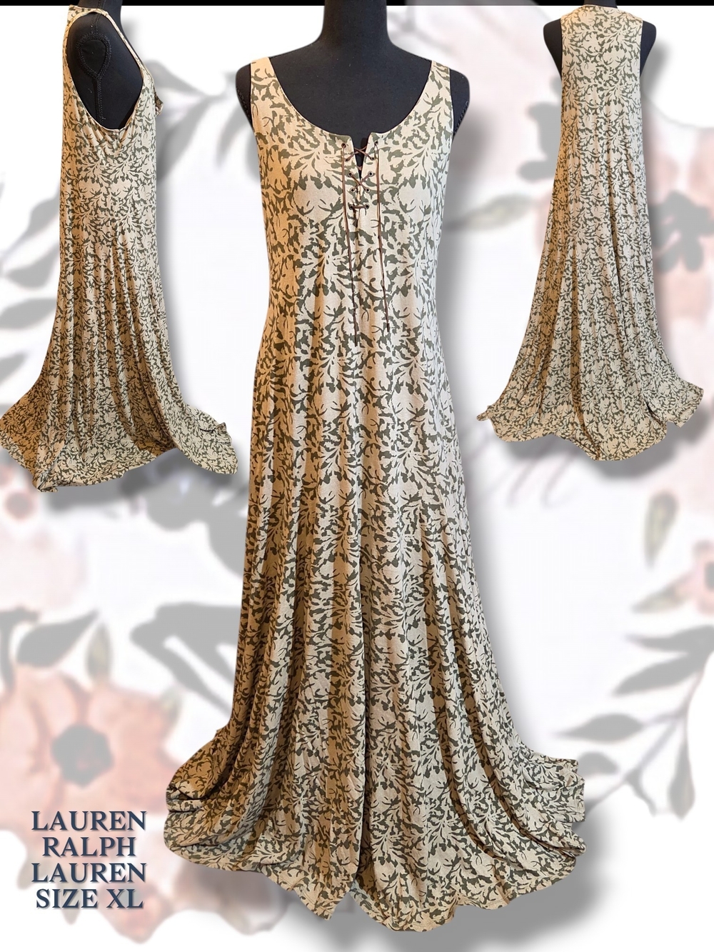 Lauren Ralph Lauren Beige Floral Scoop-Neck Maxi Dress